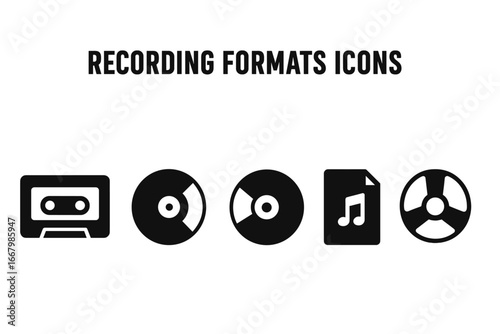 Recording formats vector icons. Solid glyph set. Cassette tape, vinyl record, CD, digital file, reel-to-reel. Analog and digital sound media. Music technology evolution concept.