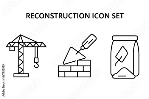 Reconstruction line icon set for building and development. Vector outline symbols for construction industry, including crane, bricklaying trowel, and cement sack for rebuilding.