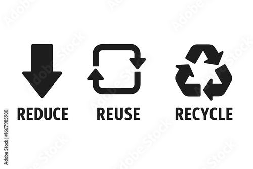 Reduce, Reuse, Recycle solid icon set for environmental awareness. Waste management symbols. Zero waste lifestyle concept. Ecology and sustainability vector graphic illustration.