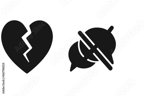Relationship problems vector icon set with a broken heart and no communication symbols. Concept of divorce, conflict, crisis, heartbreak, misunderstanding and sadness.