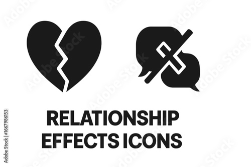 Relationship problem icon set. Broken heart and communication conflict symbol. Vector pictogram for concepts like breakup, divorce, miscommunication, argument and heartbreak.