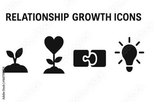 Relationship growth metaphor. Love, connection, idea icons. Sprouting plant, heart flower, puzzle, lightbulb. Partnership, development. Vector solid icon set for psychology.