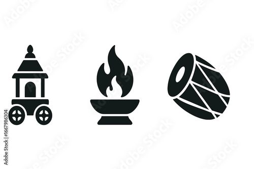 Hindu religious festival solid icon set. Ratha Yatra chariot for temple procession, Havan fire ritual, and Dhol drum for music. Indian culture ceremony vector glyphs.