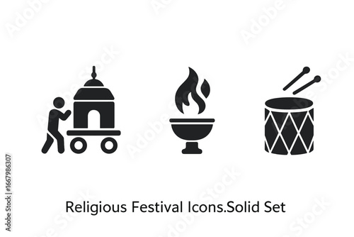 Religious festival solid icon set. Hindu celebration symbols. Temple chariot procession, rath yatra, fire ritual, yajna, and celebration drum. Spiritual culture vector glyphs.