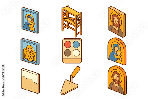 Religious icon creation set. Isometric vector icons of fresco and mural painting. Includes Jesus Christ, Virgin Mary, angel figures, scaffolding, pigment palette, and plaster trowel.