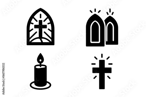 Religious icon set for christianity. Solid glyph symbols of faith and prayer. Vector illustration of a cross, prayer candle, stained glass and cathedral church windows.