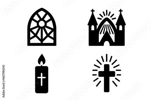 Religious icon set. Christian symbols of faith and light. Vector glyph icons of church, cathedral, stained glass window, prayer candle, and glowing cross. Worship concept.