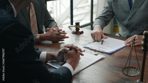 Negotiation meeting among legal professionals office setting business discussion indoor environment close-up view 