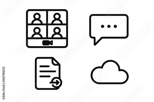 Remote work & online collaboration outline icon set. Vector icons for video conference, chat, document sharing & cloud computing. Virtual meeting & teamwork communication concept.
