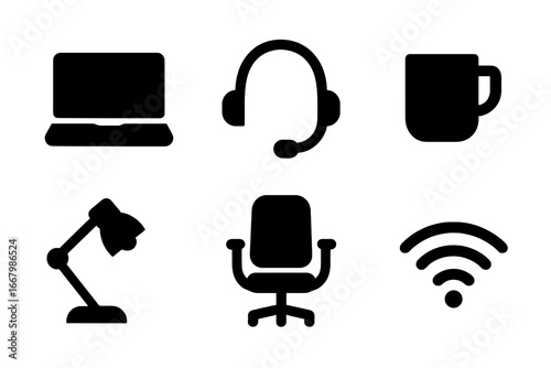 Remote work solid icon set. Home office glyph symbols collection. Laptop, headset, coffee mug, lamp, chair and wifi sign. Simple flat vector illustration for web design.