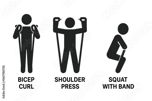 Resistance band exercise icon set. Vector pictogram of workout poses with elastic band. Includes bicep curl, shoulder press, squat. For strength training, fitness, home gym.