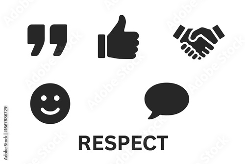 Respect solid glyph icon set. Business ethics, positive communication, and agreement concept. Vector illustration of handshake, thumbs up, smiley, speech bubble, and quote.