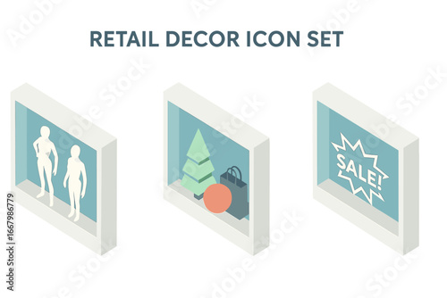 Retail decor icon set. Isometric shop window display with mannequins. Visual merchandising props for storefront decoration. Sale promotion and holiday theme vector icons.