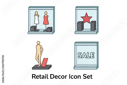 Retail decor icon set for visual merchandising. Store window display with mannequins, sale sign, props. Isometric flat vector illustration for boutique, shop, promotion.