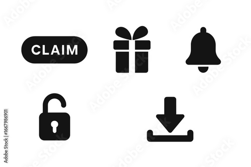 Reward icons set. Claim button, gift box, notification bell, unlock padlock, download symbol. Vector for loyalty program, bonus, app interface, website UI UX design elements.