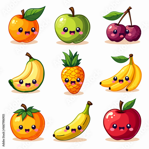 Set of colorful fresh fruits and berries including apple, orange, pear, banana, strawberry, and cherry on white