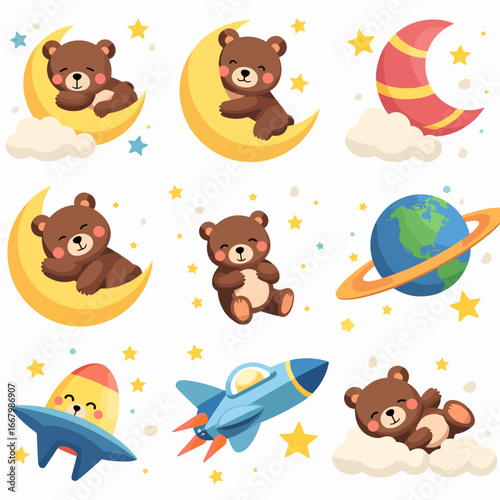 Seamless vector cartoon set of cute funny baby animal characters including teddy bear, illustration