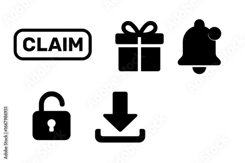 Reward and bonus icon set for loyalty programs. Includes claim button, gift box, notification bell, unlock padlock, and download symbol. Vector icons for UI UX design.