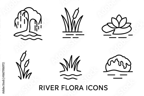 River flora outline icon set. Vector collection of aquatic plants. Willow tree, reed bed, water lily, cattail, riverbank grass, moss-covered rock. Nature line symbols.
