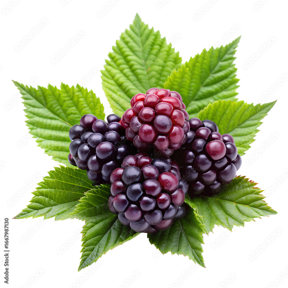 Obraz premium A cluster of ripe blackberries nestled amongst vibrant green leaves, isolated on a transparent background, showcasing the rich color and texture of the berries