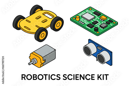 Robotics science kit for STEM education. Isometric vector icon set of robot components: chassis, circuit board, DC motor, ultrasonic sensor. DIY electronics and engineering parts.