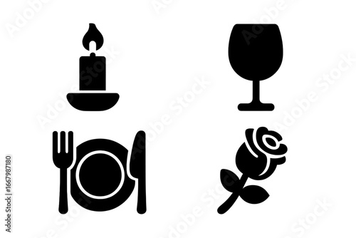 Romantic dinner icon set. Love, date night, and valentine's day symbols. Candlelight, wine glass, plate with cutlery, and rose flower solid glyph icons for celebration.