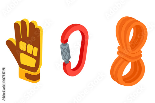 Isometric rock climbing gear icon set. Vector collection with glove, safety carabiner, and rope. For mountaineering, bouldering, alpinism, sport, and extreme adventure.