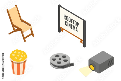 Rooftop cinema isometric icon set. Outdoor movie night and film screening elements. Vector collection with projector, screen, folding chair, popcorn and film reel concept.