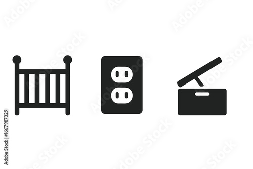 Child safety solid icon set. Baby proofing vector glyphs for the home. Nursery furniture, electrical outlet, and toy box with lid support. Toddler hazard prevention symbols.