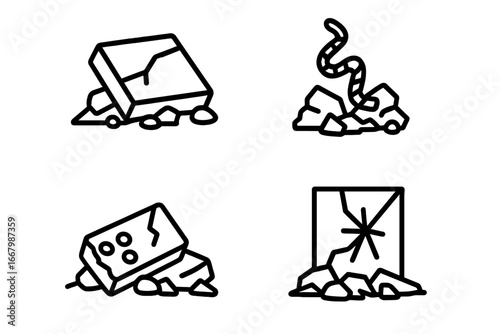 Rubble and debris outline icon set. Vector symbols of destruction, ruins, and disaster scenes. Includes broken concrete slab, twisted metal rebar, shattered brick, and glass.