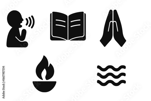 Sacred practice solid icon set. Religious and spiritual ritual symbols. Praying hands, holy book, chanting, ritual fire and water icons. Faith and worship vector pictograms.