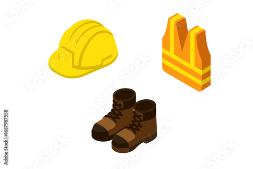 Isometric safety equipment icon set for construction and industry. Vector personal protective equipment (PPE) with hard hat, high-visibility vest and steel-toe work boots.