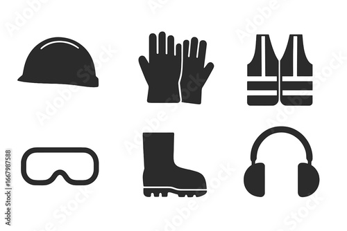 Safety equipment solid icon set. Personal protective equipment (PPE) vector collection. Work safety symbols for construction or industry. Helmet, gloves, vest, goggles, boots.