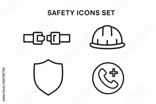 Safety icons set. Vector line art collection for security and protection. Seatbelt for car safety, hard hat for work, shield for defense, and emergency medical call button.