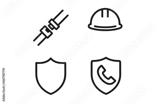 Safety icons set. Outline vector symbols of security measures. Includes seatbelt, construction helmet, protection shield, and emergency call button. Workplace safety concept.