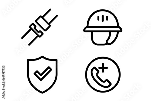 Safety icons set. Vector line icons for security and protection. Seatbelt for road safety, helmet for work, shield for insurance, and emergency call for medical help.