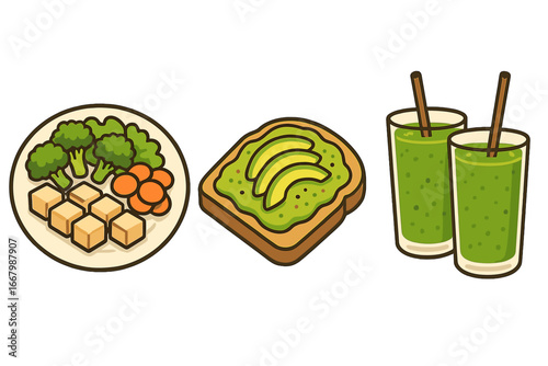 Vegan meal options featuring tofu, fresh broccoli, carrots, avocado toast, and refreshing green smoothies on a simple background, vector cartoon illustration for healthy eating