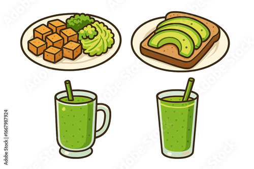 Vegan meal options featuring crispy tofu cubes, fresh avocado toast, and refreshing green smoothies, healthy plant-based diet, vector cartoon illustration