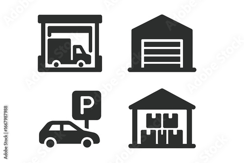 Warehouse Icon Set, Solid Filled Vector Illustrations of Warehouse Infrastructure, Loading Bay, Storage Building, Parking Area, Logistics, and Cargo Management Symbols