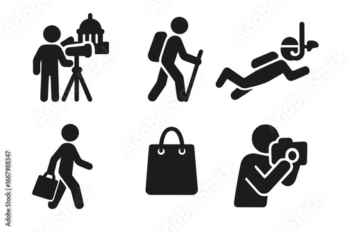 Solid filled icons set of diverse tourist activities including sightseeing with telescope, hiking with backpack, snorkeling, shopping with bag, and professional photography, vector illustration