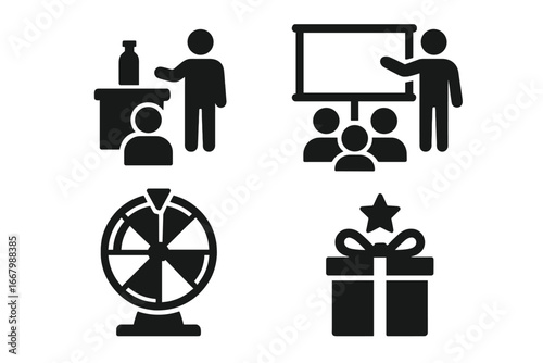 Trade show icons solid filled vector set of live product demo, visitor attractions, live presentations, spin wheel game, prize box giveaway, event marketing symbols
