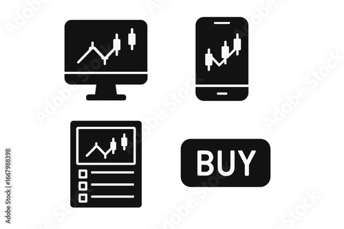 Trading tools icons vector set, solid filled design for trading platforms, monitor screen chart, smartphone app, trading terminal interface with buy button, finance symbols