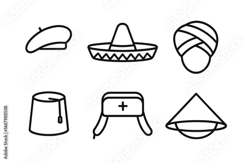 Traditional Headgear Icons Set Worldwide. Outline Vector Collection of Cultural Hats Including Beret, Sombrero, Turban, Fez, Ushanka, Conical Asian Hat. Iconic Headwear Symbols from Diverse Regions