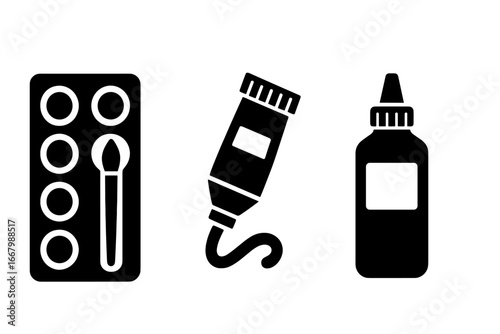 Traditional painting icons set with solid filled style, watercolor palette with brush, oil paint tube, acrylic paint bottle, vector illustration transparent background, artistic tools collection