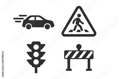 Traffic danger icons set with solid filled vector symbols including speeding car, pedestrian crossing, traffic light signal, and roadblock barrier for road safety design