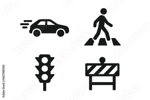 Traffic danger icons solid filled vector set of speeding car, pedestrian crossing, traffic light, and roadblock for road safety and warning signs