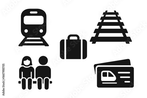 Train journey icons set, solid filled travel symbols with train, passengers, luggage, railway tracks, train tickets, public transportation, travel vector illustration