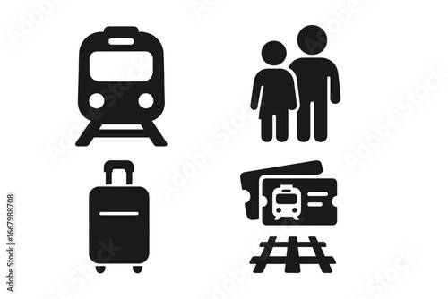 Train journey icons set, solid filled vector symbols of traveling by train with passengers, luggage, tickets, and railway tracks, transit and transport concept