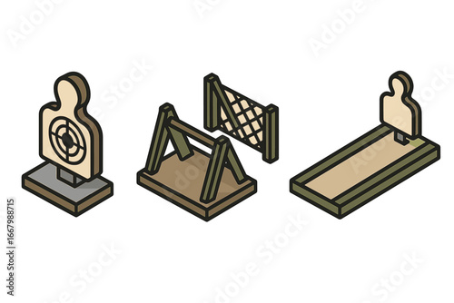Isometric Training Facility Icons Set, Flat Design Vector Graphics of Shooting Range Target, Obstacle Course, and Firing Lane, Military and Tactical Training Elements