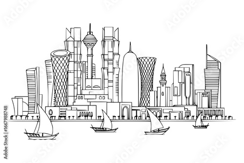 Doha, Qatar Vector Line Art